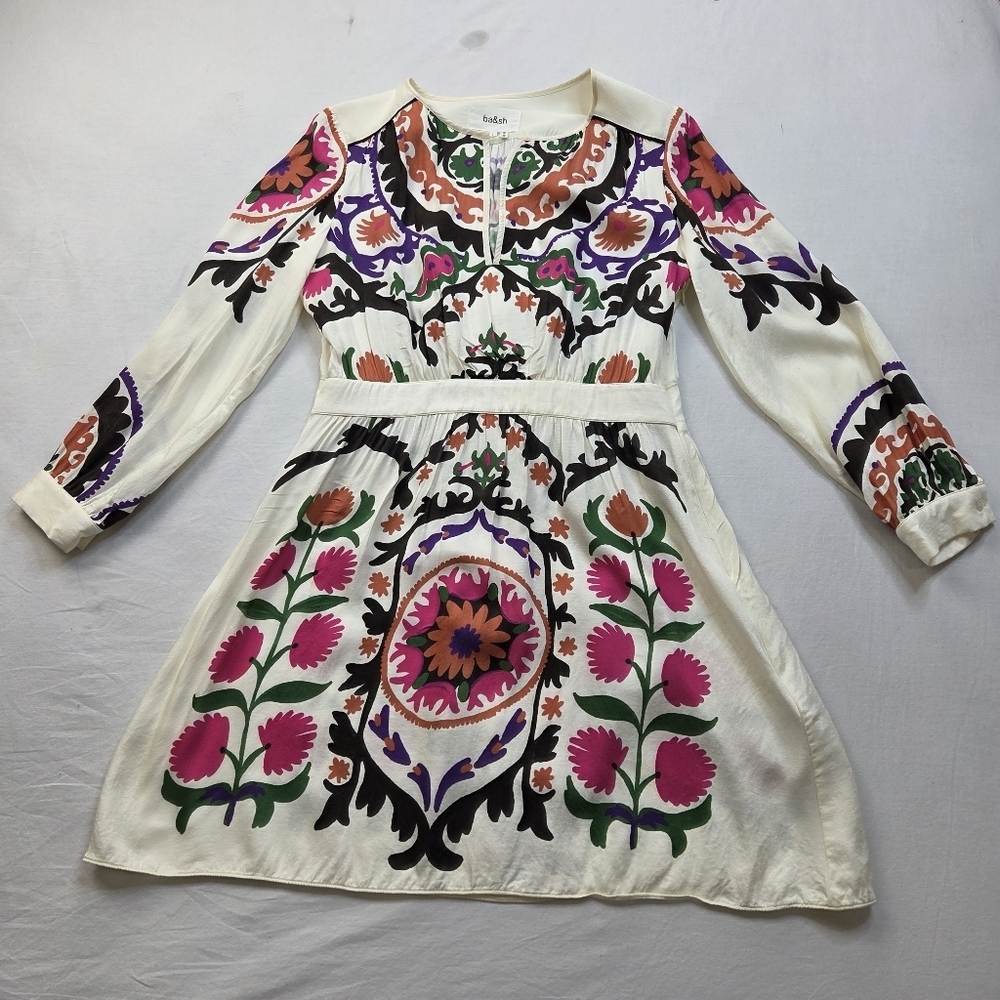 ba&sh Floral Boho Dress Size S Viscose Long Sleeve White Printed Mini - Picture 11 of 16